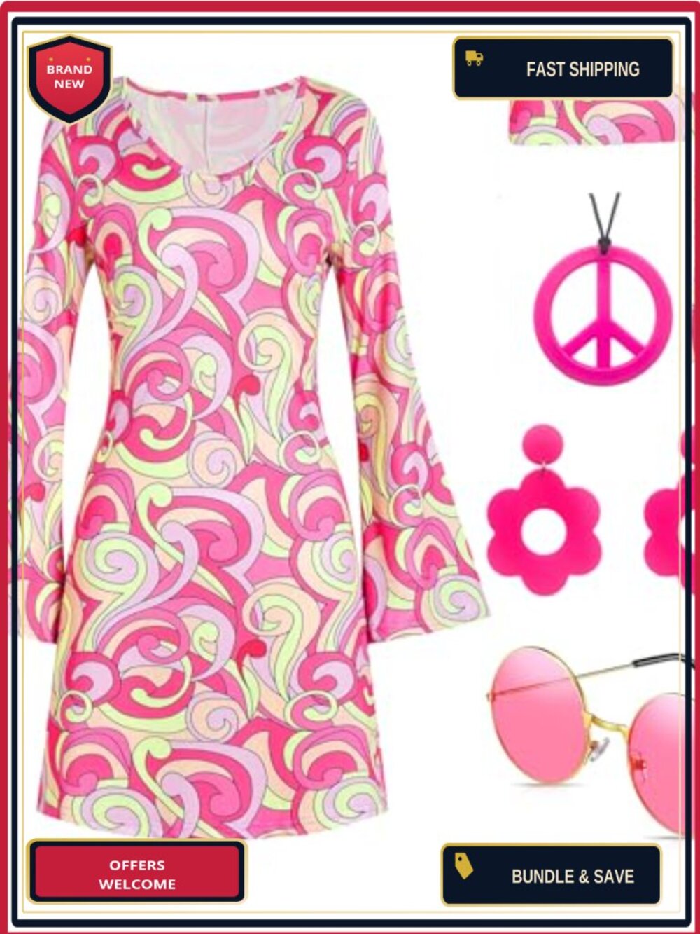 60s 70s Disco Hippie Costume Dress 5-Piece Set Bell Sleeve Cosplay Halloween
